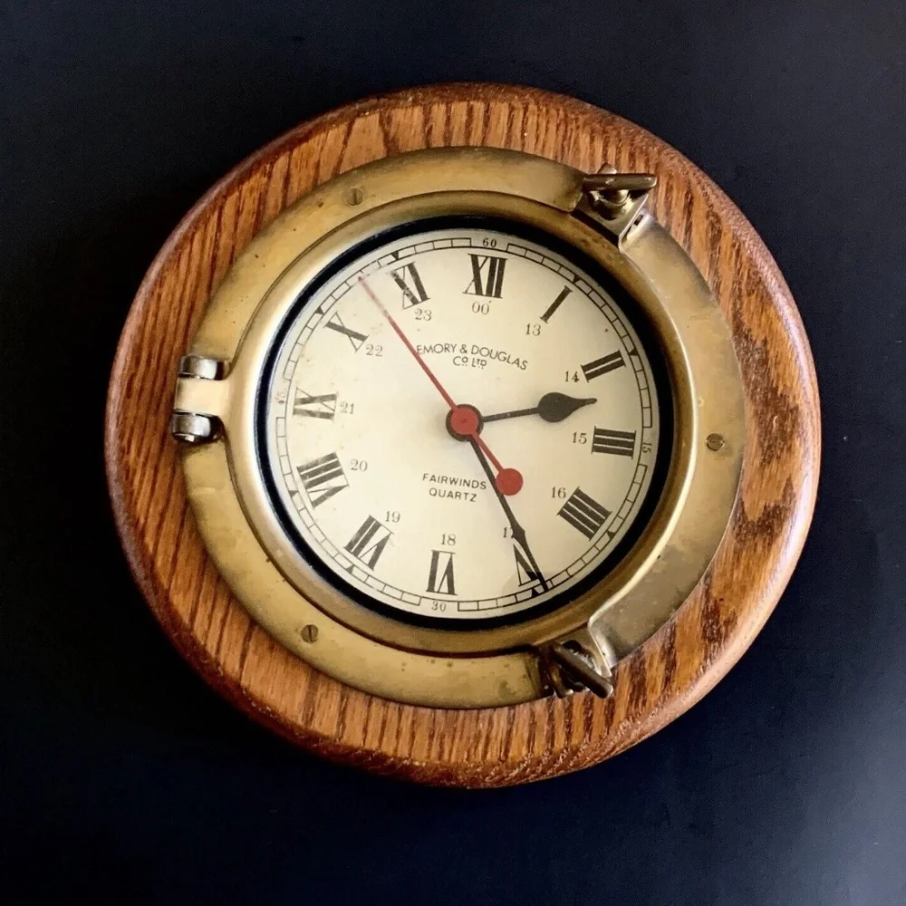 Vintage Emory & Douglas Brass & Oak Nautical Ship Porthole Wall Clock